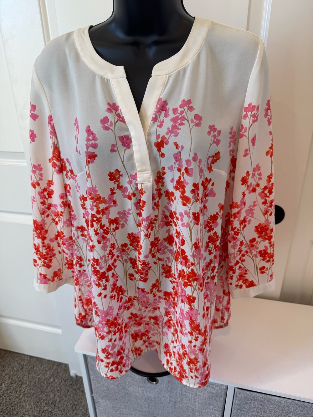 Talbots Cream Blouse with Pink & Red Floral Print